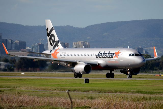 Airbus A320 (VH-VFV) - On taxiway heading for take-off on runway 05. Wednesday, 21st May 2014.