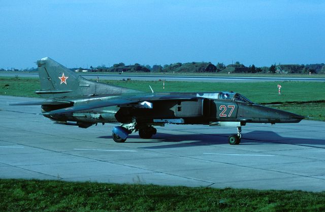 N27 — - MiG-27K with registration/code 27 has blue wheelcovers due to its  agessor role. It is seen here on the taxitrack of the units (296 APIB) homebase: GroBenhain AB, Germany