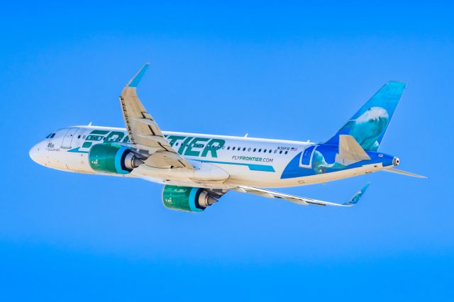 Airbus A320neo (N311FR) - A Frontier Airlines A320 neo "Mia the Dolphin" taking off from PHX on 2/9/23 during the Super Bowl rush. Taken with a Canon R7 and Tamron 70-200 G2 lens.