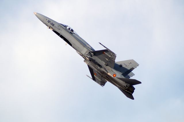 McDonnell Douglas FA-18 Hornet — - Spanish Air Force F18 Hornet during Athens Flying Week. The black "cockpit" on the lower fuselage is painted on purpose to confuse enemy pilots during dogfights.