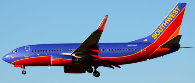 Boeing 737-700 (N443WN) - "Spirt of Hope" . Passing over HP Pavilion San Jose, Ca .. On Final to 30R