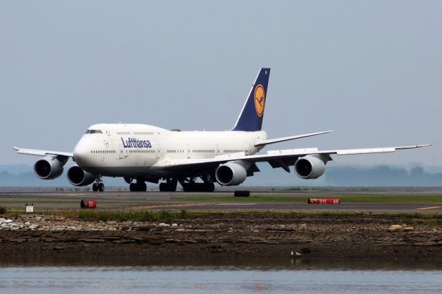 BOEING 747-8 (D-ABYM) - Lufthansa B748 EWR weather diversion to BOS. This is the second time in several days that a Lufthansa B748 diverted to Logan from EWR due to weather.