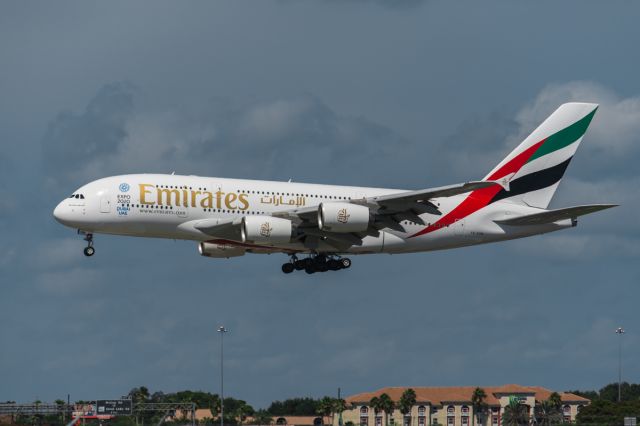 Airbus A380-800 (A6-EOM) - UAE 219 Super on short final to runway 18R at KMCO christening Emirates daily service to Orlando International Airport from Dubai. (9/1/15) 