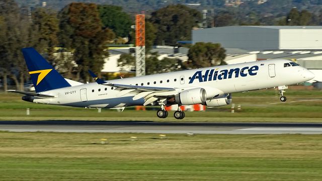 Embraer ERJ-190 (VH-UYY) - VH-UYY seen flaring steeply along runway 23 at Adelaide Airport {ADL/YPAD} after a sortie from Olympic Dam Airport {OLP/YOLD} as "Unity 3135" looking great in the late afternoon sun.