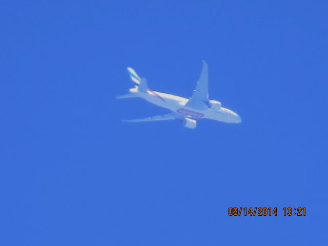 BOEING 777-200LR (A6-EWI) - Emirates flight 222 from Dallas to Dubai over Southeastern Kansas at 31,000 feet.