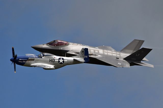 Lockheed F-35C — - An F-35 in close formation with Miss Helen P-51 at RIAT, 2016