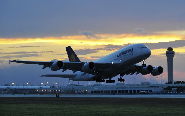 Airbus A380-800 (D-AIMD) - First scheduled takeoff from MIA to FRA couldnt have been more spectacular with the sky painted in sunset colors.