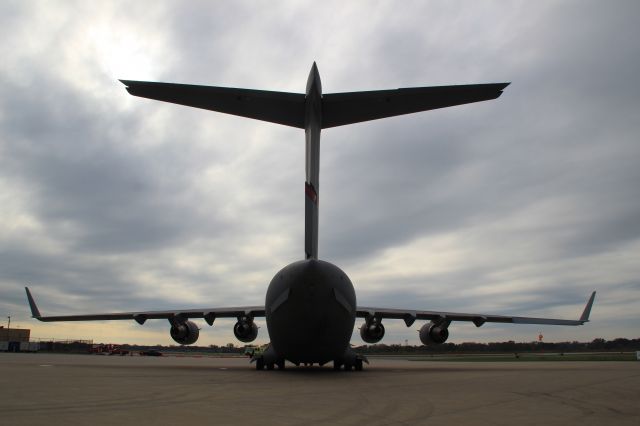 — — - On west cargo ramp at Gary Regional Airport rear view of C-17.