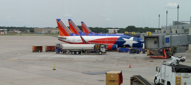 BOEING 737-300 (N352SW) - The now retired Lone Star One of Southwest Airlines. This picture was taken in July 2015 and the craft was retired in May the following year. This means we likely wont be seeing more new pictures of Lone Star One but occasionally someone will find one in their Google Photos history and hopefully share. Note the lack of WiFi antenna compared to the newer airframes in the background.