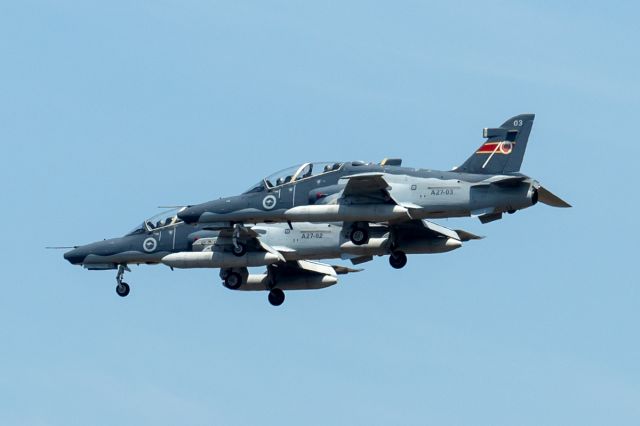 Boeing Goshawk (A2703) - BAE Systems Hawk 127  RAAF serial A27-03, and A27-02, 76 Sqn patch on tail. 18 October 2023 RAAF Base Pearce