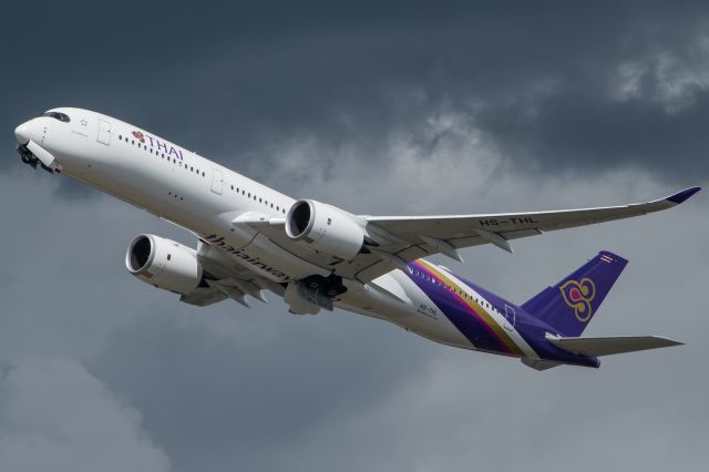 Airbus A350-900 (HS-THL) - A Thai Airways A350 departing Brussels right before dark clouds engulfed the airport.