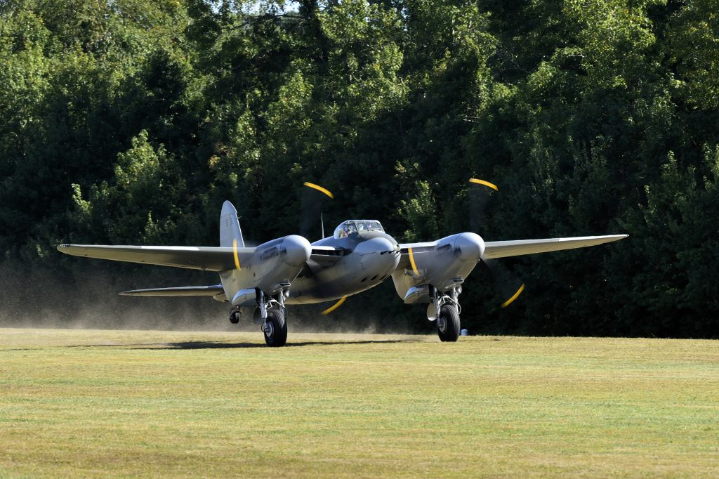 N114KA — - de Havilland DH-98 Mosquito FBMK26, Plane Number KA114, was built in 1945. Painted as a member of the 487 Squadron RNZAF color scheme, EG-Y to honor the New Zealanders that restored it. Taking off at the Military Aviation Museum (42VA) for Warbirds Over The Beach Air Show 10/2/21