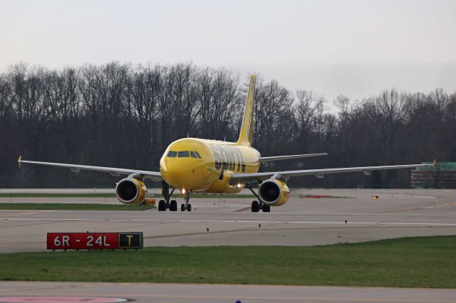 Airbus A319 (N505NK) - NKS440, arriving in Cleveland from Fort Lauderdale Intl (KFLL), crossing RWY 24L on TWY Tango on the way to the gate on 2 May 2018.