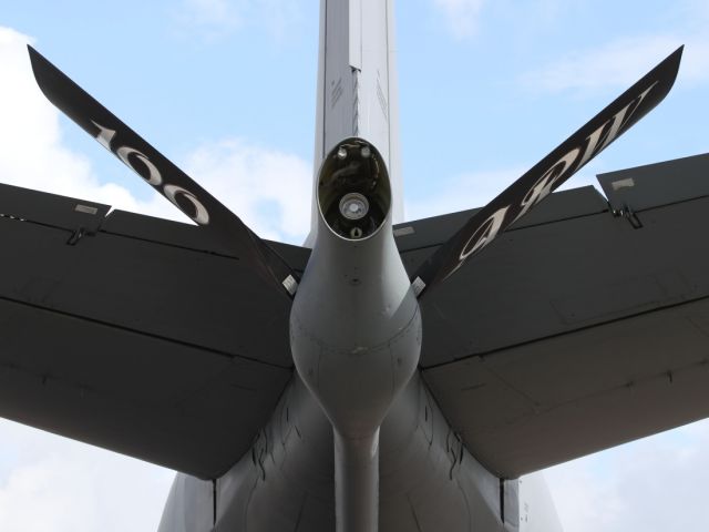 — — - Close up detail of Boeing KC135R Stratotanker boom refueling nozzle.