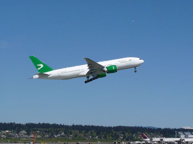 Boeing 777 (EZ-A779) - Fresh out of the Boeing PDX paint hanger head for Paine Field.
