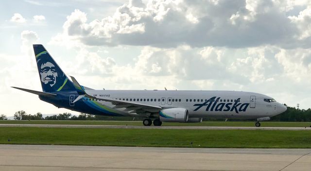 Boeing 737-800 (N517AS) - An extremely rare visitor!  The plane was diverted to GSP flying from SEA-RDU due to weather.  This is the first time Alaska has ever landed in the upstate!