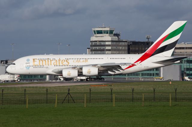 Airbus A380-800 (A6-EEB) - Big bird UAE17, the lunchtime A380 from DXB just after landing. 7 Feb 16