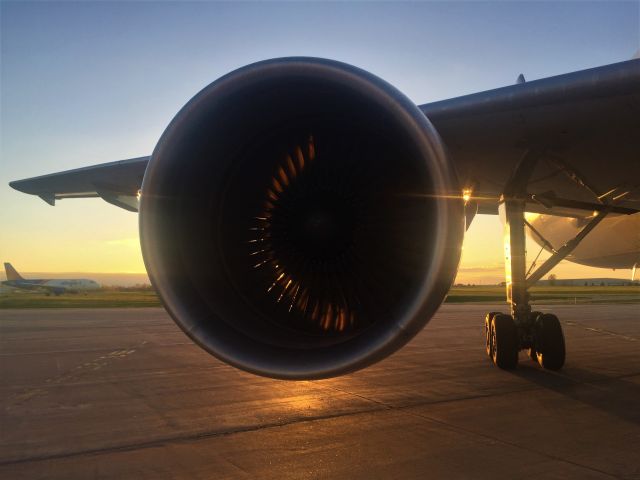 Airbus A300F4-600 (N690FE) - Sunset lights up the starboard GE CF6-80 turbofan engine (rated at 60000 thrust) of an A306  as  Fed Ex Flight 1329 is loaded for the short hop to Madison and then onward to Memphis.  br /br /An infrequent airliner in the background is ready to roll on to Runway 21 (Allegiant-Clearwater FL)