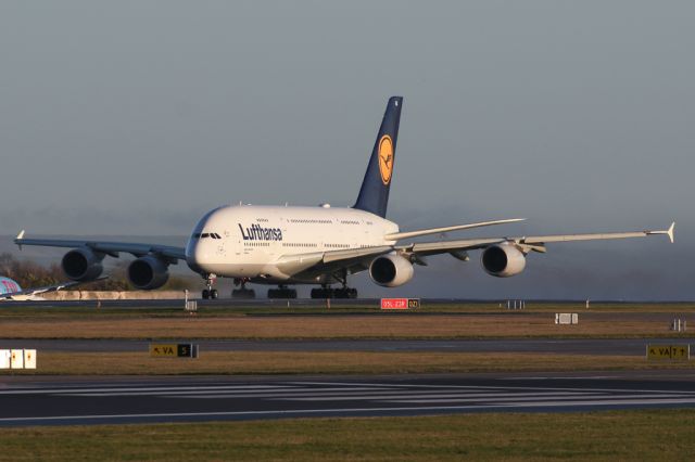 Airbus A380-800 (D-AIML) - DLH441 from IAH to FRA had a medical diversion to Manchester on 16 December '18.  The aircraft is here departing to return to FRA.