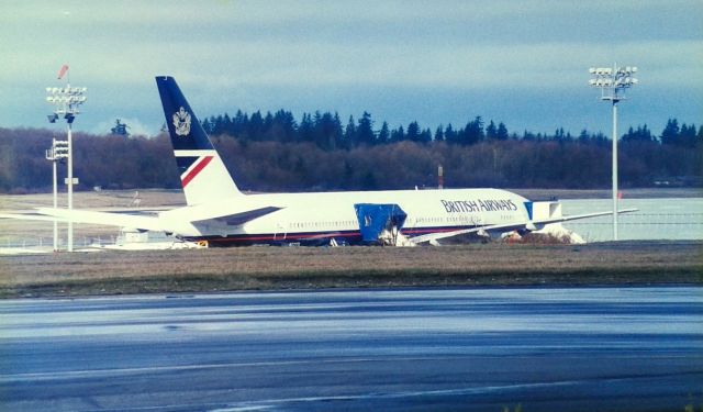 Boeing 777-200 (N77771) - KPAE - I need some 777 experts help here. As far as the date goes, this photo should have been taken the week of Feb 20-29th, 1995. I also have a Boeing 777 as N767UA new on the ramp during this visit. Checking the reg for N77771, this should be CN 27106 LN 10. The databases show this jet delivered to British Airways in March 1997. Why the 2 year difference?There were 3 British 777s delivered in the 1st 15 777-2s produced. Any clues? Thank you.Click full.