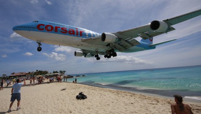 Boeing 747-400 (F-HSUN) - Corsair 747 over maho beach at St Maarten!!