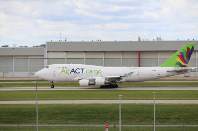 Boeing 747-400 (TC-ACF) - CargoAirACT 747-400BCF thunders down 23R. A very nice surprise visit!