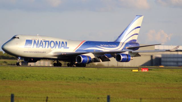 Boeing 747-400 (N952CA) - A National Cargo B747-400F slowing down after landing at London Stansted Airport.br /br /Location: Stansted Airportbr /Date: 01.05.23 (dd/mm/yy)