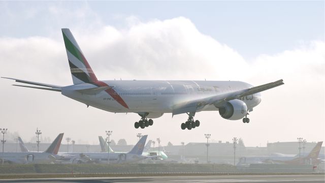 BOEING 777-300 (A6-ENE) - BOE205 on final approach to runway 16R to complete a flight test on 1/11/13. (LN:1069 c/n 35603). The Sun was breaking thru the fog layer over the airport at the time this photo was taken.