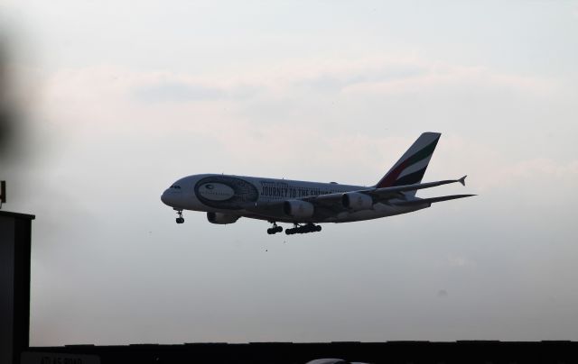 Airbus A380-800 (UAE763) - Short finals at OR Tambo International - in Dubai museum livery - or as the local spotters call her - the "Squashed donut"