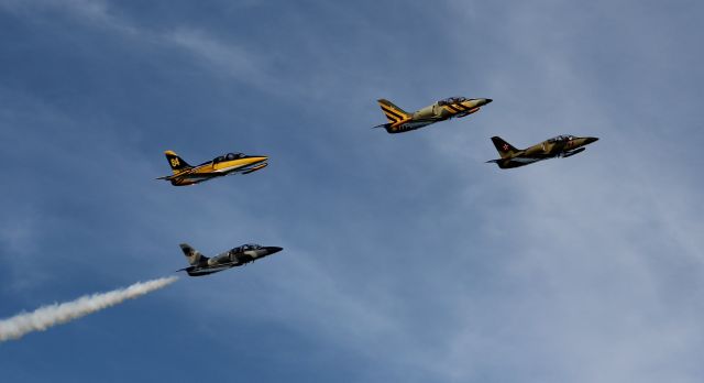 Aero L-39 Albatros (N5683D) - Four Aero Vodochody L-39 Albatros's in formation above Sonny Callahan Airport, Fairhope, AL, during the Classic Jet Aircraft Association's 2020 Jet Blast - afternoon of March 7, 2020.