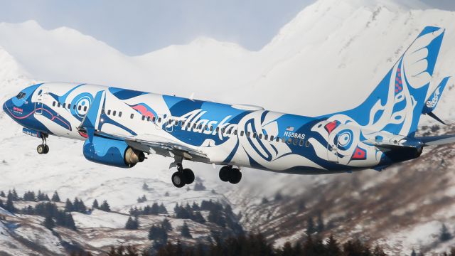 Boeing 737-800 (N559AS) - Alaska Airlines ASA88/AS88 to Anchorage (PANC/ANC) climbs out after Rwy 29 departure due to 40-60kt wind gusts from the west, note the powder snow blowing off the mountain peaks. Painted in "Xàat Kwàani/Salmon People" livery, previously painted in "Salmon Thirty Salmon II" livery October 2012 - April 2023br /Photo date: 2-28-24br /Upload date: 1-21-25