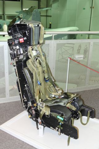 — — - Martin Baker ejection seat on display at Duxford Air Museum.