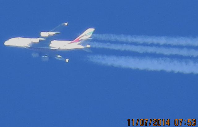 Airbus A380-800 (A6-EDM) - Emirates flight 221 from Dubai to Dallas over Southeastern Kansas at 40,000 feet.