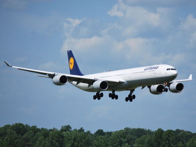 Airbus A340-600 (D-AIHA) - Final for runway 18C at KCLT - 6/25/13