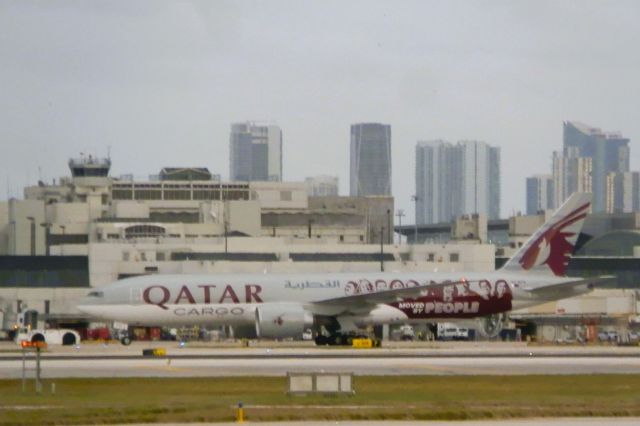 BOEING 777-200LR (A7-BFG) - A Qatar Cargo B777-200LRF Arriving from El Dorado Intl,Bogota,Colombia(BOG/SKBO)"Sporting the new"Moved by people Livery