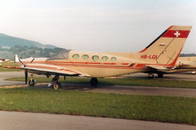 Cessna Chancellor (HB-LQI) - Seen here on 2-Aug-89.br /br /Exported to USA 16-Dec-93 as N94AR,br /then reregistered N73TB 17-Jun-04,br /then exported to Venezuela 19-Feb-16 as YV3220.