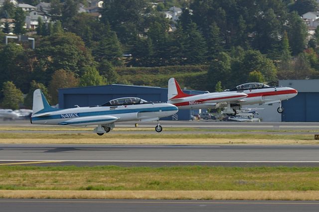 Lockheed T-33 Shooting Star (N416X) - Lockheed T-33 chase planes seen taking off from KBFI. Aircraft would later fly in formation with a Korean Air 777-300ER to perform flyovers at a nearby golf tournament.