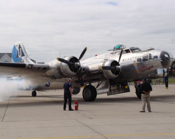 Boeing B-17 Flying Fortress (N9323Z) - Cranking over #4 for a tour flight. Sentimental Journey appearing as part of Commemorative Air Force Airpower tour with B-29 Fifi and B-24 Diamond Lil.