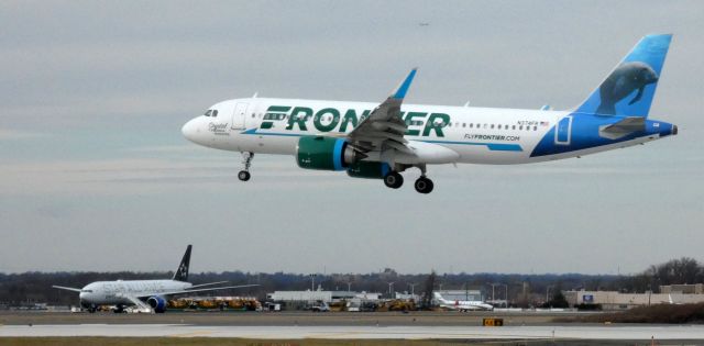 Airbus A320neo (N374FR) - About to touch down is this 2021 Frontier Airlines Airbus 320-251N with "Crystal" the Manatee getting the tail view in the Winter of 2023.