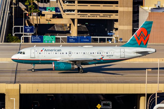 Airbus A319 (N838AW) - American Airlines A319 in American West retro livery taxiing at PHX on 10/22/22. Taken with a Canon 850D and Tamron 70-200 G2 lens.