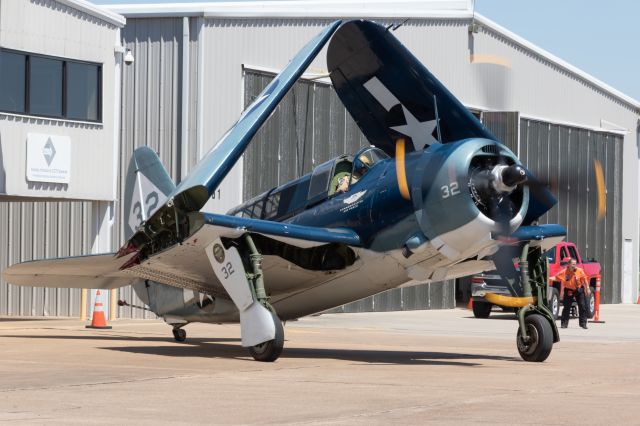 Experimental  (N92879) - SB2C-5 Helldiver aircraft with wings folded taxies after landing at Houston Executive Airport in April 2019. This is the only flying example of this aircraft type in the world.