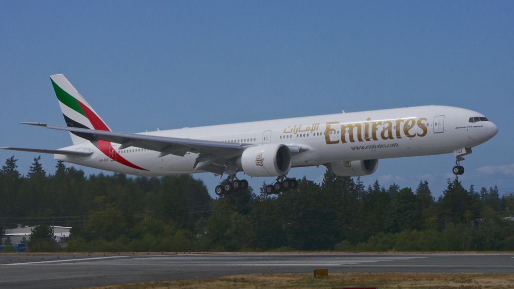 BOEING 777-300 (A6-EQF) - BOE676 on final to Rwy 34L to complete a C1 flight on 8.25.17. (ln 1515 / cn 42351).
