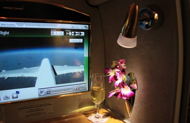 — — - Fresh Flowers, Champagne Dom Perignon 2004 and a beautiful View ....Airbus A380 in the sky.......