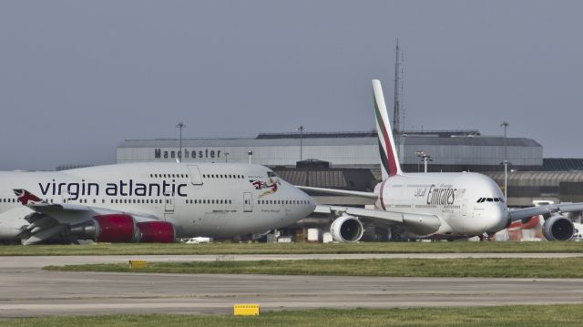 Boeing 747-400 (G-VROY) - Jumbo meets Super Jumbo at Manchester - 9th November 2017.br /Virgin Atlantic Boeing 747-443 G-VROY Pretty Woman& Emirates Airbus A380-861 A6-EDU.