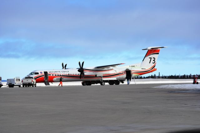 de Havilland Dash 8-400 (F-ZBMC) - DHC-8-402Q  Securite Civile Fireguard Parked at Woodwards Aviation Goose Bay, Labrador