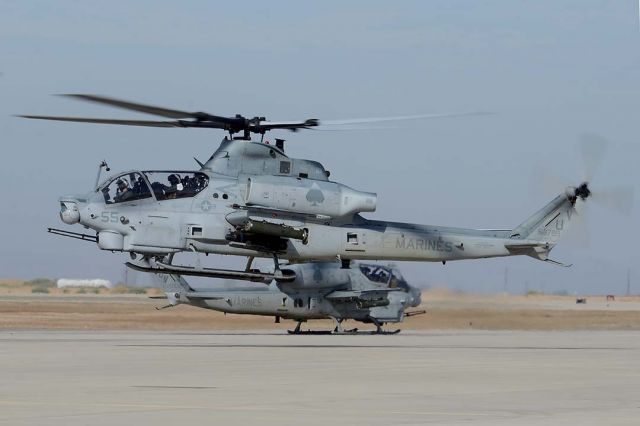 16-8799 — -  Bell-Boeing AH-1Z Viper BuNo 168799 and AH-1Z Viper BuNo 168002 of HMLA-267 Stingers at NAF el Centro on February 19, 2015.