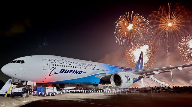 Boeing 777-200 (N861BC) - The conclusion of EAA AirVenture 2022’s Night Show w/ Boeing’s ecoDemonstrator. 7/27/22. br /br /The aircraft is a 2002 Boeing 777-200(ER), S/N 32336, and is owned by Boeing and operates as an “ecoDemonstrator” by running on a blend of SAF.  