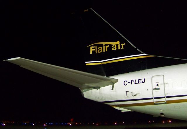 BOEING 737-400 (C-FLEJ) - A little blurry but had no tripod at the time. This is the first time we have seen this carrier at our airport. The Flair Air crew are awesome people!