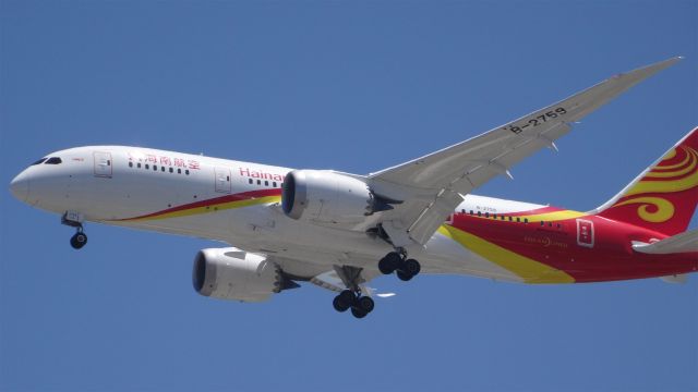 Boeing 787-8 (B-2759) - B-2759 Hainan Airlines Boeing 787-8 Dreamliner - cn 38056 / ln 274br /First Flight * Mar 2015br /Age 0.3 Yearsbr /2015-06-17 HU7989 Beijing (PEK) San Jose (SJC) 16:35->Landed 12:44br /B-2759 of Hainan Airlines approaching KSJCbr /海南航空尾号B-2759的波音787准备着陆在圣何塞机场