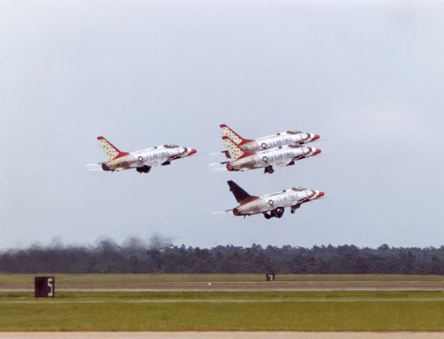 Fokker 100 — - Thunderbird F-100 Super Sabers formation takeoff beginning their flight demonstration for a low level show, due to low ceiling that day at Otis AFB, Cape Cod, MA. in Summer of 1968.